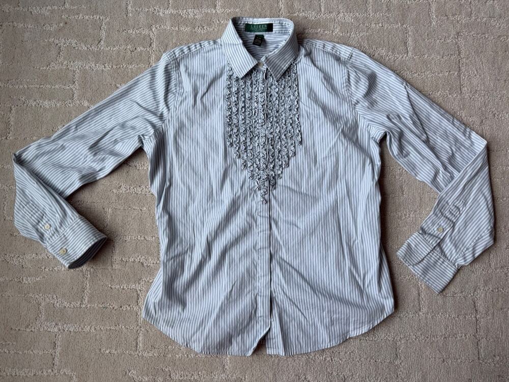 Lauren Ralph Lauren Striped Ruffle Front Button Down Cotton Shirt
